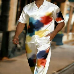 Men Satin Pajama Set Blue White Stripe Swallow Print Short Sleeve Shirt Long Pants Silky Sleepwear Loungewear