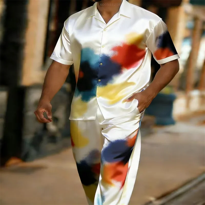 Men Satin Pajama Set Blue White Stripe Swallow Print Short Sleeve Shirt Long Pants Silky Sleepwear Loungewear