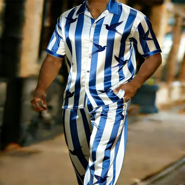 Men Satin Pajama Set Blue White Stripe Swallow Print Short Sleeve Shirt Long Pants Silky Sleepwear Loungewear