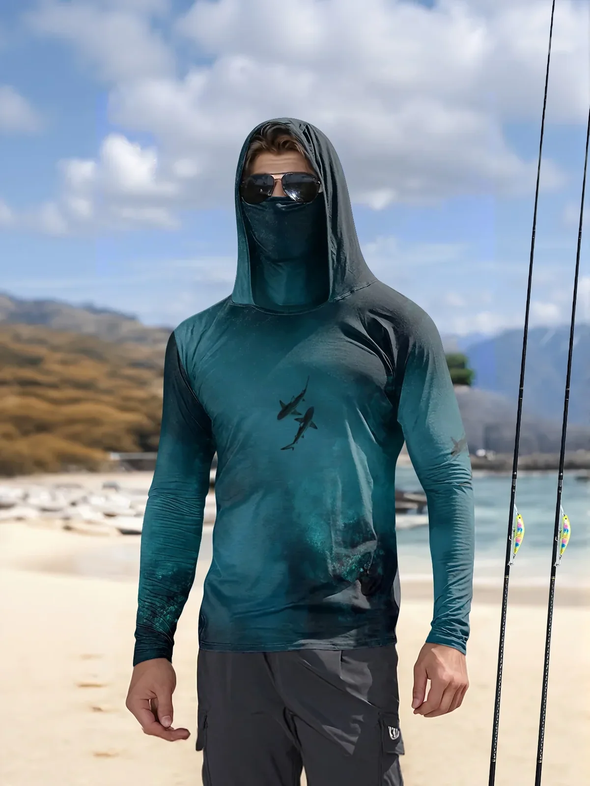 UPF50+ Men Fishing Hoodie With Built-in Mask, Ice Silk Sun Shirt