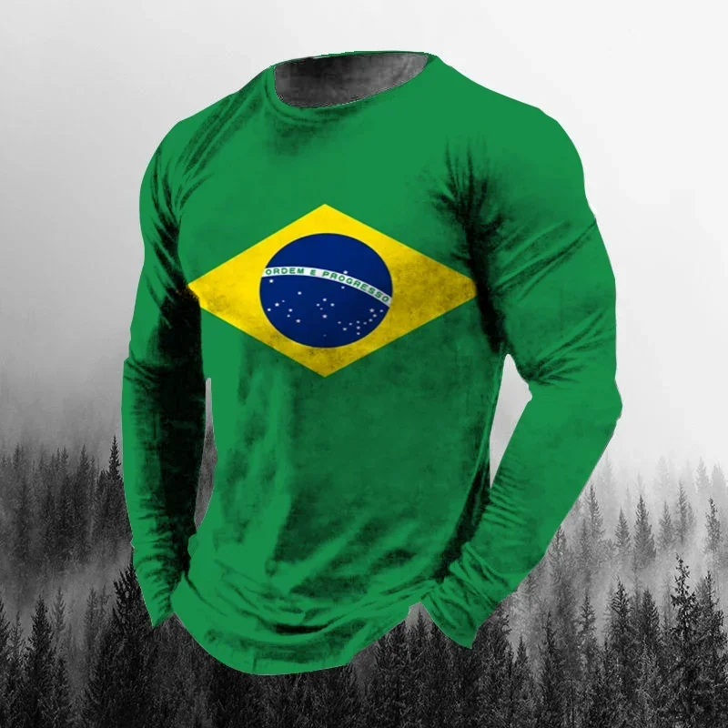 Vintage Brazilian Flag 3D Print Autumn Men's O-Neck T-shirt Casual Long Sleeve Oversized T Shirt Fashion Pullover Men Clothing