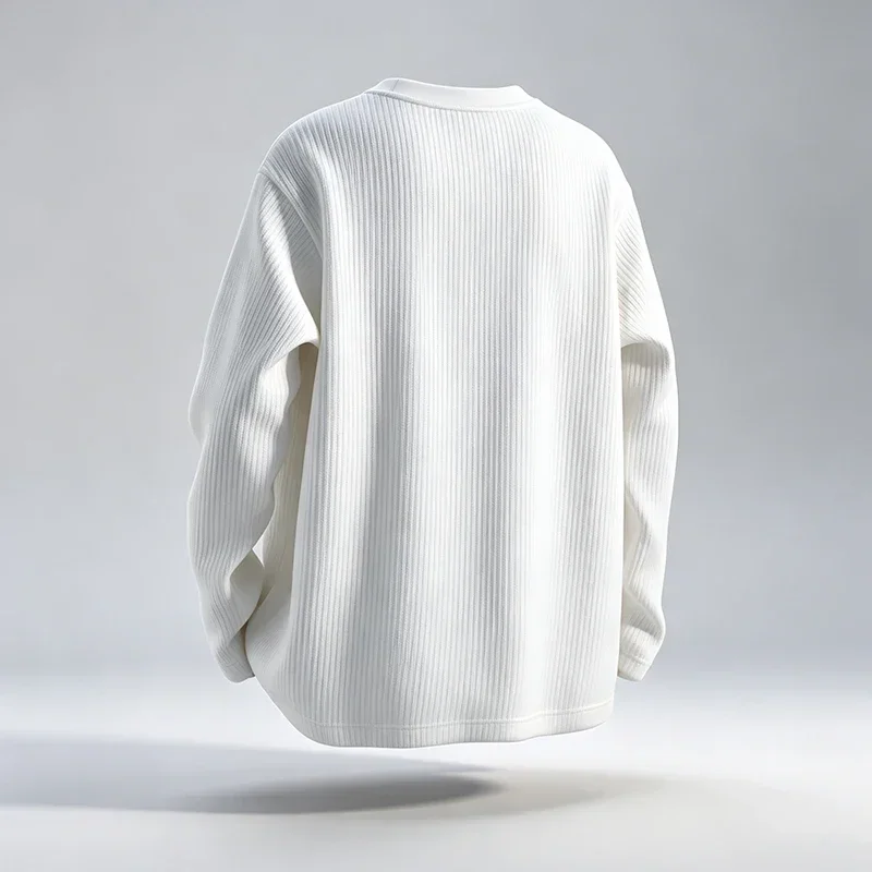 Men Vertical Ribbed Crew Neck Long Sleeve T Shirt Loose Fit Soft Knit Texture Casual Tops Breathable Basic Daily Shirts