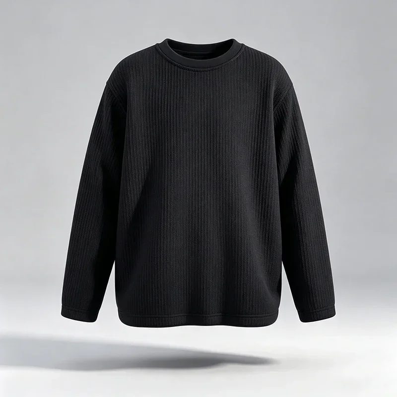 Men Vertical Ribbed Crew Neck Long Sleeve T Shirt Loose Fit Soft Knit Texture Casual Tops Breathable Basic Daily Shirts