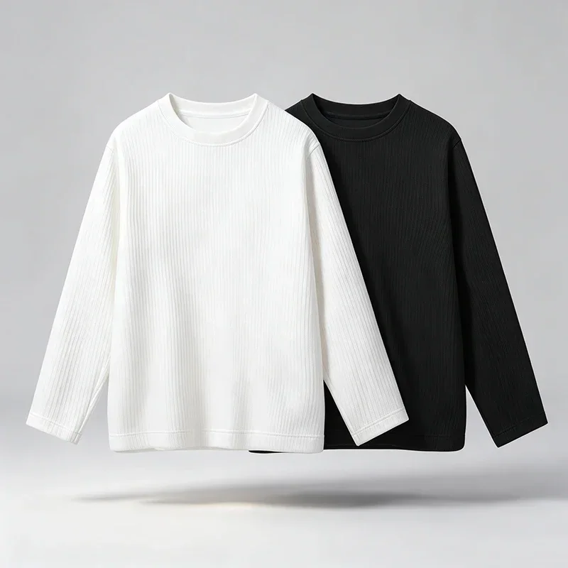 Men Vertical Ribbed Crew Neck Long Sleeve T Shirt Loose Fit Soft Knit Texture Casual Tops Breathable Basic Daily Shirts