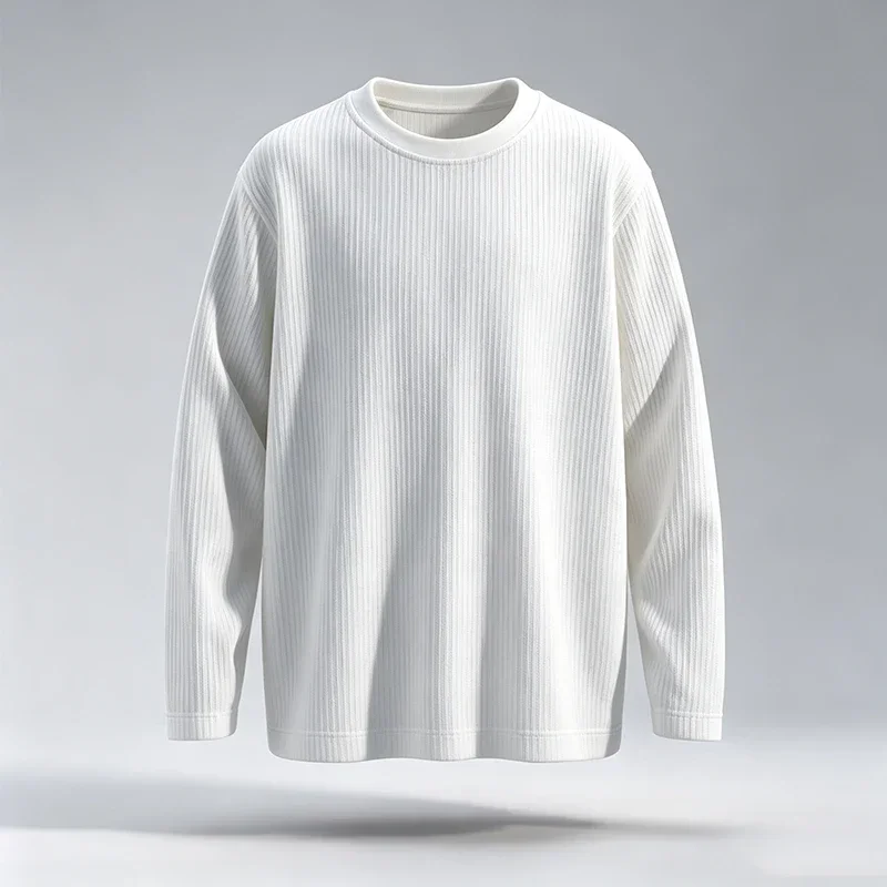 Men Vertical Ribbed Crew Neck Long Sleeve T Shirt Loose Fit Soft Knit Texture Casual Tops Breathable Basic Daily Shirts