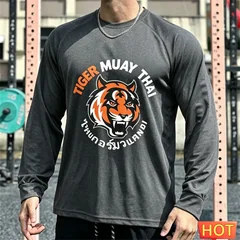 Muay Thai Men's Long sleeved T-shirt Autumn Men's Cotton T-shirt Elastic Fitness tee top Graphic Training T-shirt running Tshirt