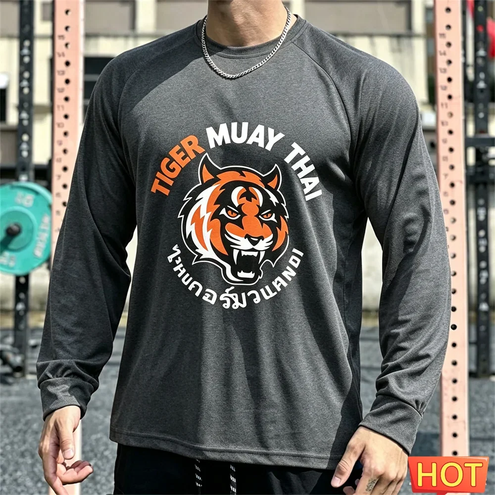 Muay Thai Men's Long sleeved T-shirt Autumn Men's Cotton T-shirt Elastic Fitness tee top Graphic Training T-shirt running Tshirt