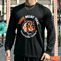 Muay Thai Men's Long sleeved T-shirt Autumn Men's Cotton T-shirt Elastic Fitness tee top Graphic Training T-shirt running Tshirt