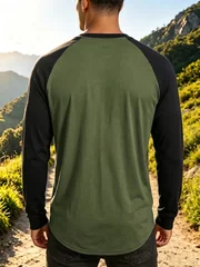 Spring Fall Men Long Sleeve Tee Raglan Sleeve Color Block Lightweight Breathable Tshirt Crew Neck Daily Wear