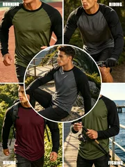 Spring Fall Men Long Sleeve Tee Raglan Sleeve Color Block Lightweight Breathable Tshirt Crew Neck Daily Wear