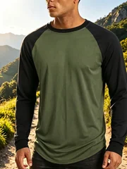 Spring Fall Men Long Sleeve Tee Raglan Sleeve Color Block Lightweight Breathable Tshirt Crew Neck Daily Wear