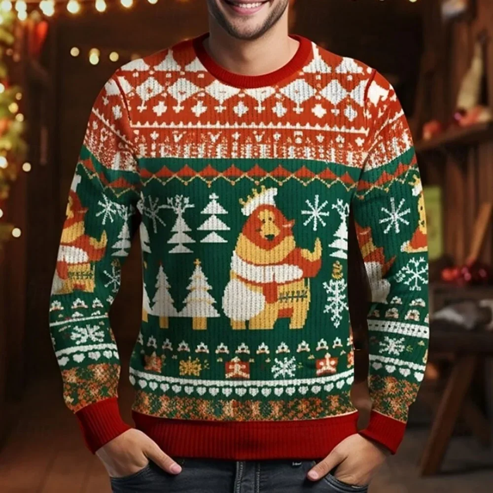 Christmas Theme Sweater Xmas Reindeer Printed Pullover Santa Holiday Sweatshirt Top Casual Autumn Snowflake Winter Menclothing