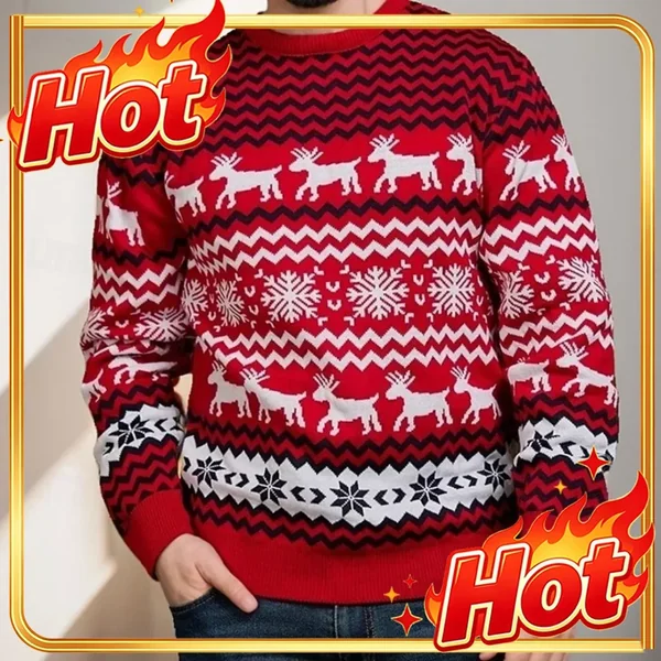 Christmas Theme Sweater Xmas Reindeer Printed Pullover Santa Holiday Sweatshirt Top Casual Autumn Snowflake Winter Menclothing
