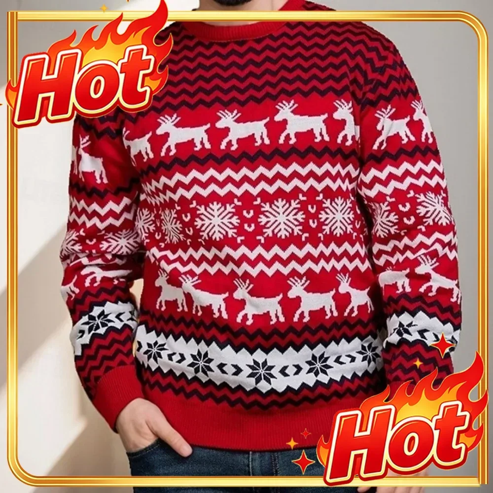 Christmas Theme Sweater Xmas Reindeer Printed Pullover Santa Holiday Sweatshirt Top Casual Autumn Snowflake Winter Menclothing