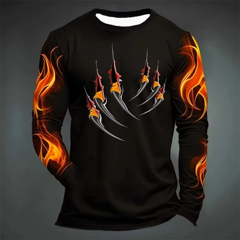 Halloween Terrifying Claws Breaking Through The Wall Flames. 3D Print Men's Long-sleeved T-shirt Casual Street Party Hip-hop Top