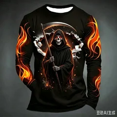 Halloween Terrifying Claws Breaking Through The Wall Flames. 3D Print Men's Long-sleeved T-shirt Casual Street Party Hip-hop Top