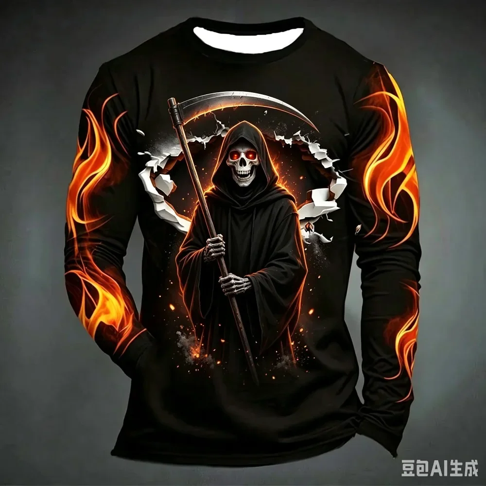 Halloween Terrifying Claws Breaking Through The Wall Flames. 3D Print Men's Long-sleeved T-shirt Casual Street Party Hip-hop Top