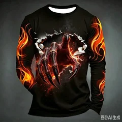 Halloween Terrifying Claws Breaking Through The Wall Flames. 3D Print Men's Long-sleeved T-shirt Casual Street Party Hip-hop Top