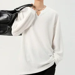 Autumn Male V Notch Neck Long Sleeve Top Vertical Striped Woven Fabric Relaxed Cut Urban Travel Daily Commute Garment