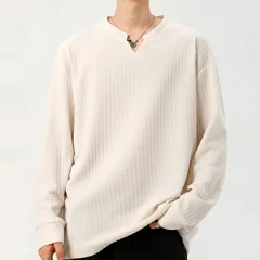 Autumn Male V Notch Neck Long Sleeve Top Vertical Striped Woven Fabric Relaxed Cut Urban Travel Daily Commute Garment