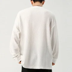 Autumn Male V Notch Neck Long Sleeve Top Vertical Striped Woven Fabric Relaxed Cut Urban Travel Daily Commute Garment