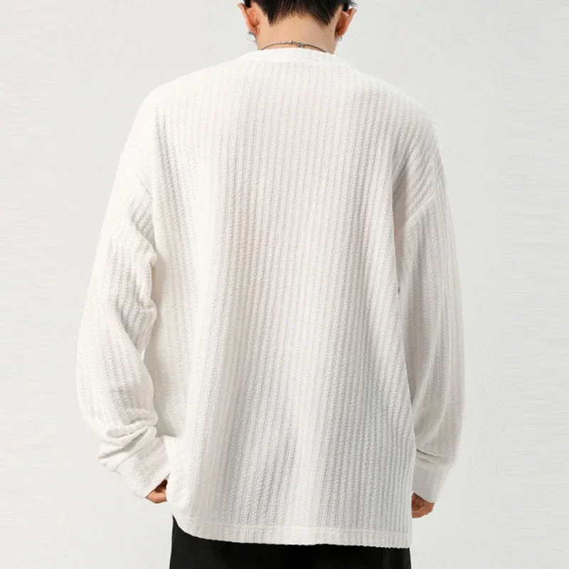 Autumn Male V Notch Neck Long Sleeve Top Vertical Striped Woven Fabric Relaxed Cut Urban Travel Daily Commute Garment
