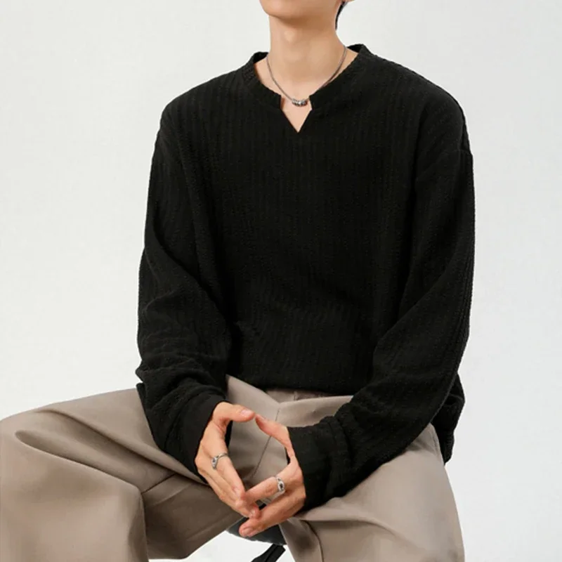Autumn Male V Notch Neck Long Sleeve Top Vertical Striped Woven Fabric Relaxed Cut Urban Travel Daily Commute Garment