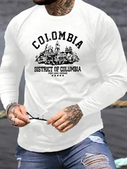 100% Cotton Men's Long Sleeved Round Neck Loose Colombian Architectural Pattern Print Autumn/Winter Casual Versatile T-Shirt Top