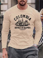 100% Cotton Men's Long Sleeved Round Neck Loose Colombian Architectural Pattern Print Autumn/Winter Casual Versatile T-Shirt Top
