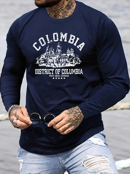 100% Cotton Men's Long Sleeved Round Neck Loose Colombian Architectural Pattern Print Autumn/Winter Casual Versatile T-Shirt Top