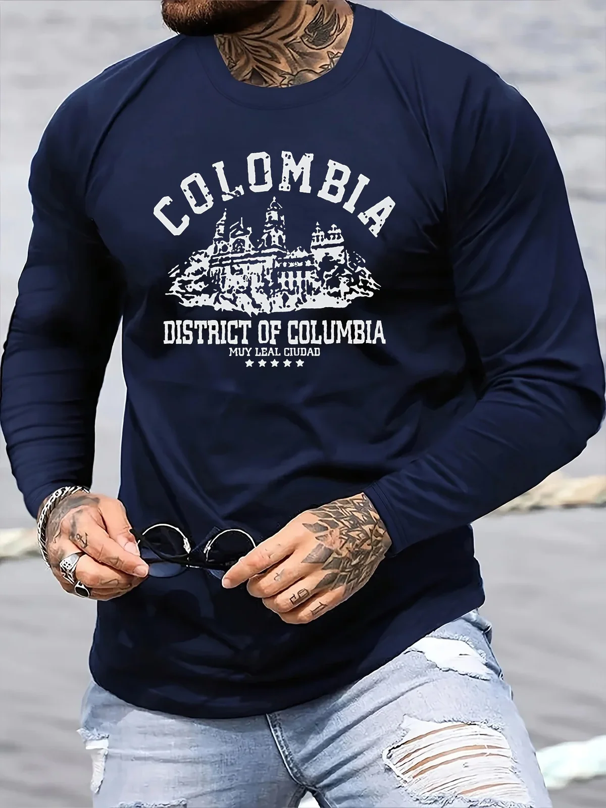 100% Cotton Men's Long Sleeved Round Neck Loose Colombian Architectural Pattern Print Autumn/Winter Casual Versatile T-Shirt Top
