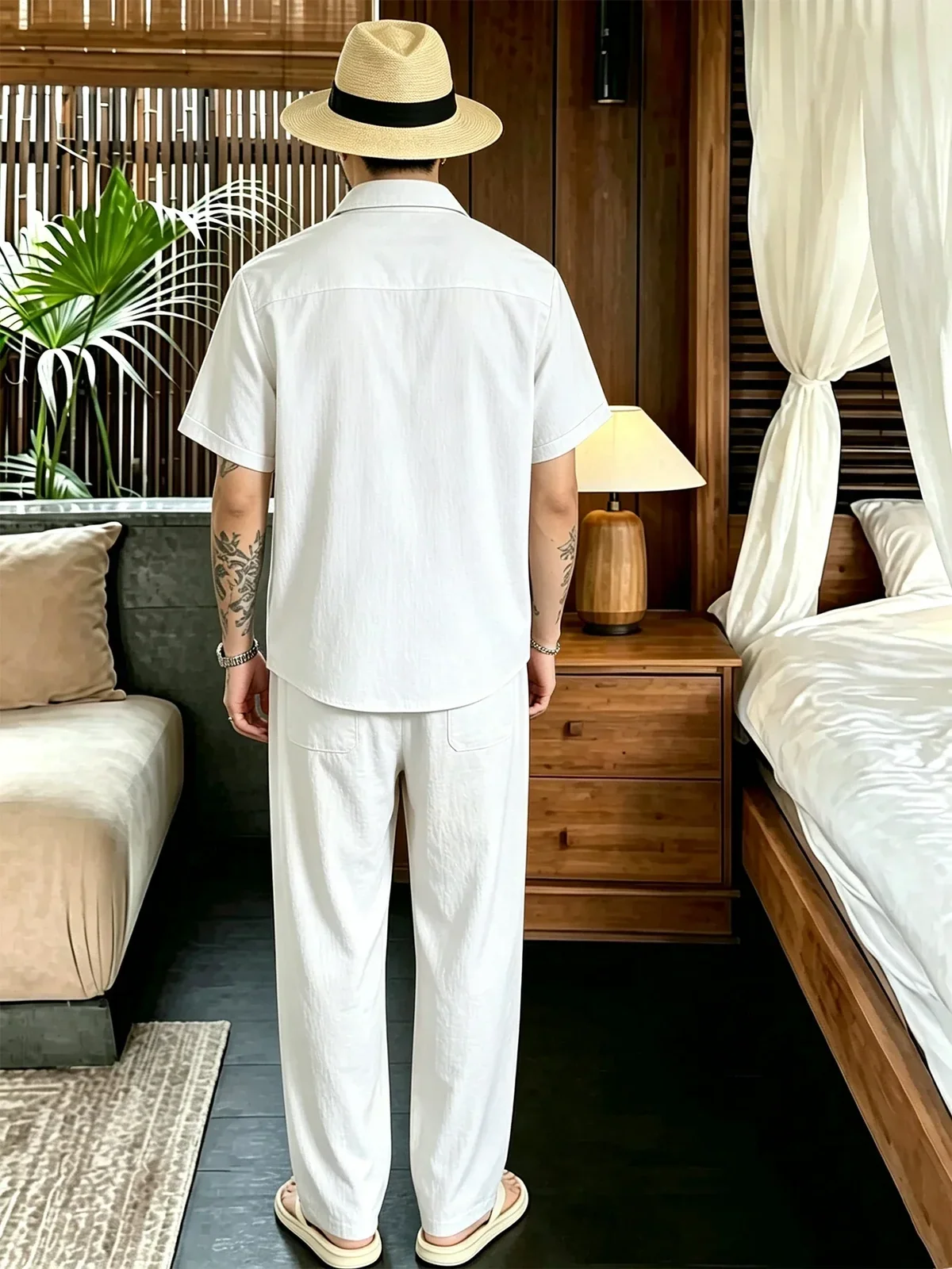 Men Summer Vacation Outfit 2 Pieces Short Sleeve Button Front Shirt Relaxed Wide Leg Pants Beach Suit