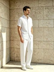 Men Summer Vacation Outfit 2 Pieces Short Sleeve Button Front Shirt Relaxed Wide Leg Pants Beach Suit