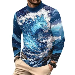 Vintage Ocean Surf Wave Print Men Mock Neck Long Sleeve Tee Nature Landscape Graphic Top For Daily Casual Wear