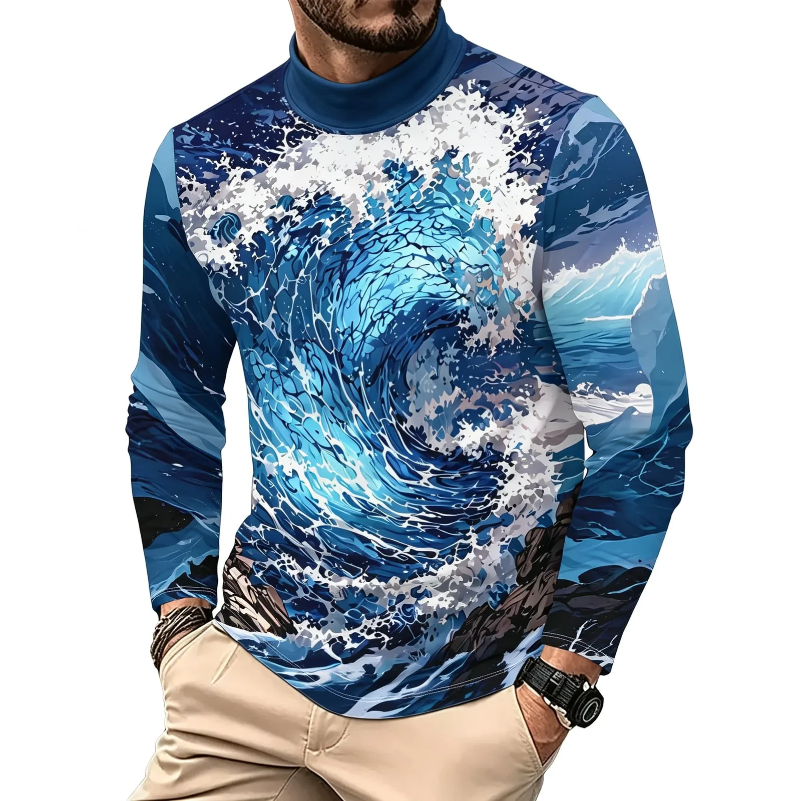 Vintage Ocean Surf Wave Print Men Mock Neck Long Sleeve Tee Nature Landscape Graphic Top For Daily Casual Wear