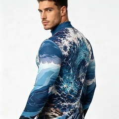 Vintage Ocean Surf Wave Print Men Mock Neck Long Sleeve Tee Nature Landscape Graphic Top For Daily Casual Wear