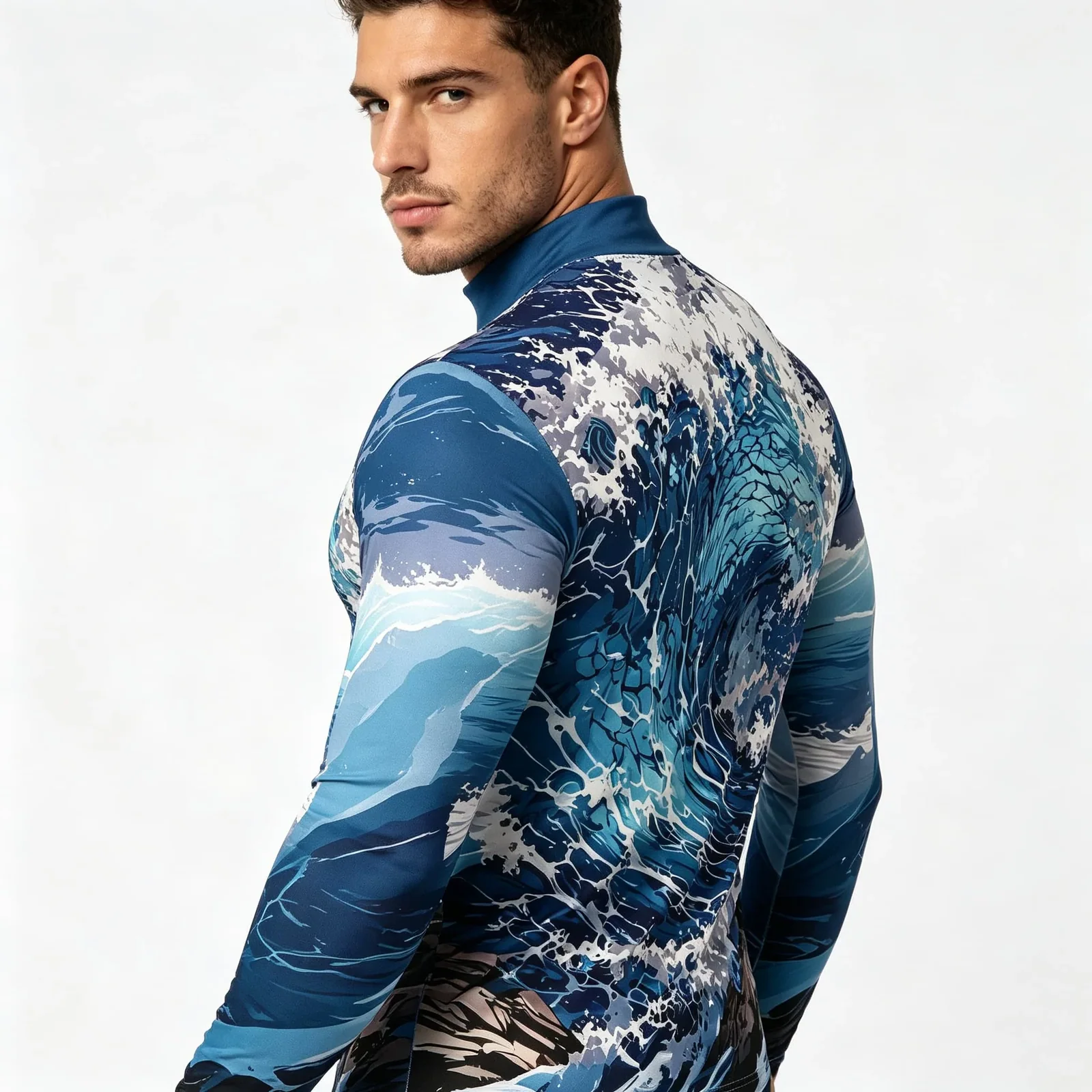 Vintage Ocean Surf Wave Print Men Mock Neck Long Sleeve Tee Nature Landscape Graphic Top For Daily Casual Wear