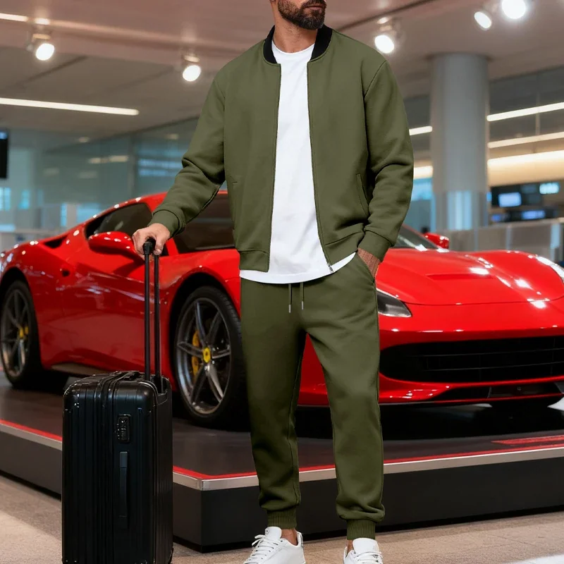 TAFLE American-style Loose Fit Lightweight Autumn Men's Simple Zipper Baseball Jacket Sports Casual Set