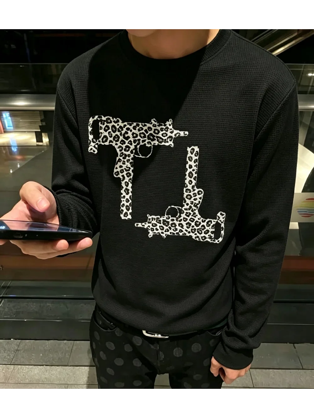 New autumn American retro hip-hop punk leopard print waffle fabric long sleeved top casual street trend niche subculture unisex