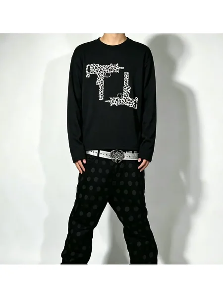 New autumn American retro hip-hop punk leopard print waffle fabric long sleeved top casual street trend niche subculture unisex