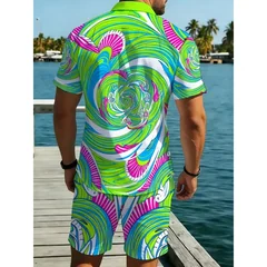 No Texture Swirl Print Men's Summer Shirt Set Colorful Floral Pattern Lightweight Breathable Casual Outfit for Outdoor Vacation