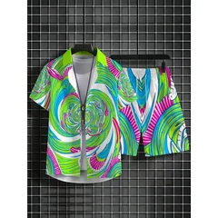 No Texture Swirl Print Men's Summer Shirt Set Colorful Floral Pattern Lightweight Breathable Casual Outfit for Outdoor Vacation