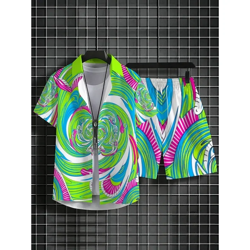 No Texture Swirl Print Men's Summer Shirt Set Colorful Floral Pattern Lightweight Breathable Casual Outfit for Outdoor Vacation