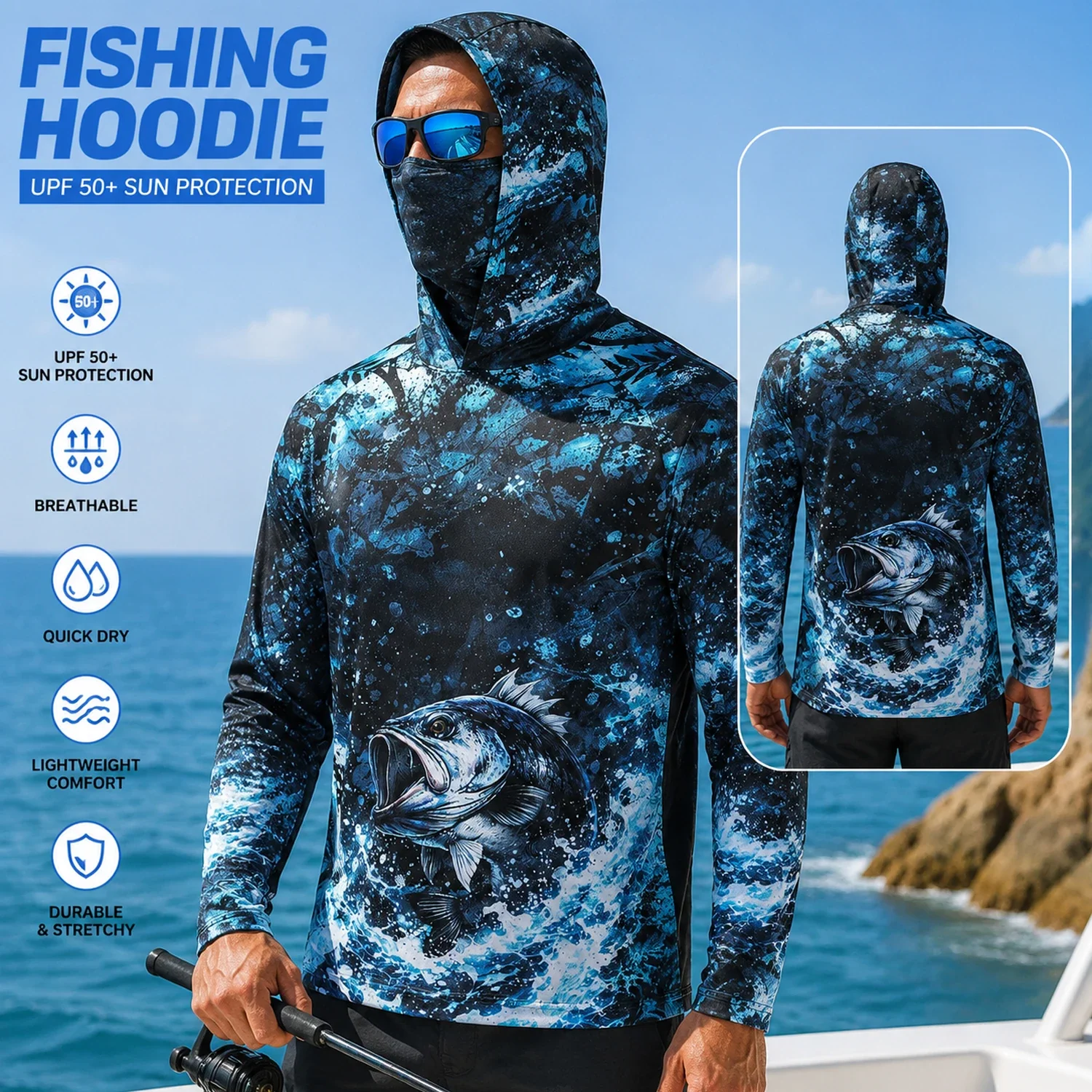 Men's Hooded Performance Fishing Shirt Long Sleeve Quick Dry UV Protection Outdoor Clothing for Men