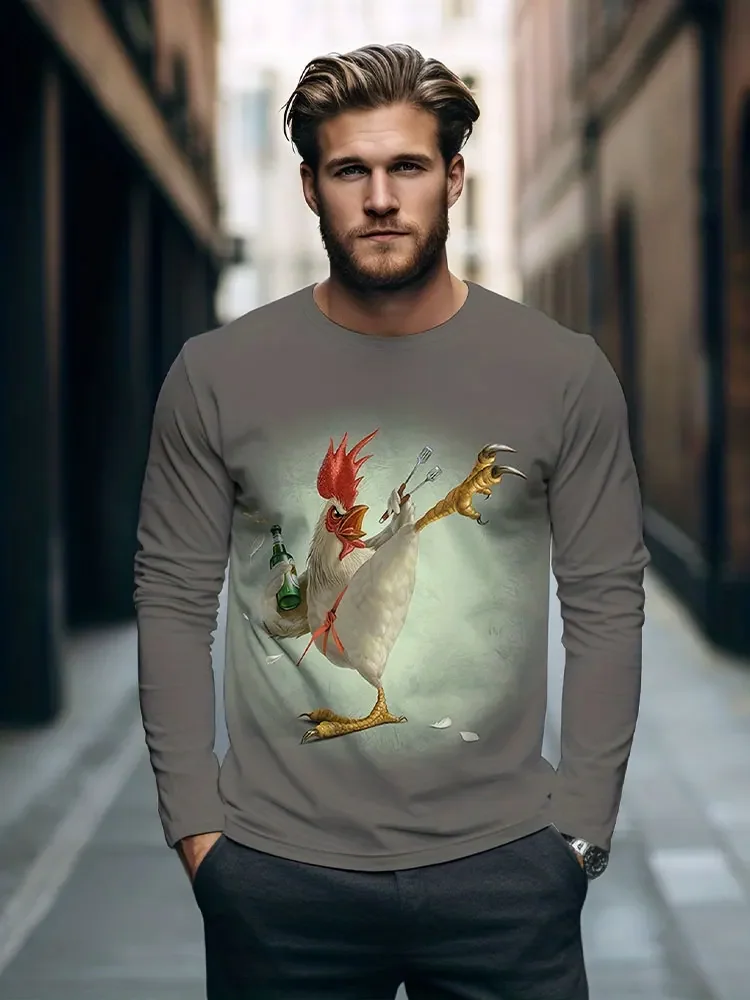 Men's Lion Long Sleeve T-Shirt 3D Gold Graphic Tee Black Animal Print Streetwear Casual Pullover Tops Gift New Hot Fashion