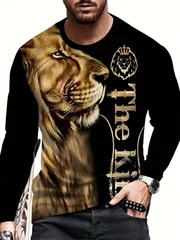 Men's Lion Long Sleeve T-Shirt 3D Gold Graphic Tee Black Animal Print Streetwear Casual Pullover Tops Gift New Hot Fashion