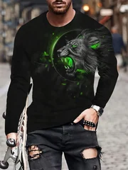 Men's Lion Long Sleeve T-Shirt 3D Gold Graphic Tee Black Animal Print Streetwear Casual Pullover Tops Gift New Hot Fashion