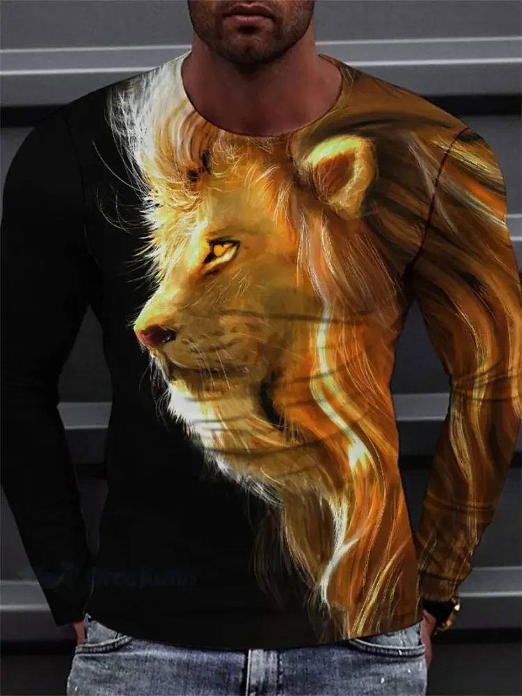 Men's Lion Long Sleeve T-Shirt 3D Gold Graphic Tee Black Animal Print Streetwear Casual Pullover Tops Gift New Hot Fashion
