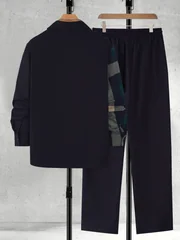 Men's Asymmetric Plaid Long Sleeve Shirt & Drawstring Casual Pants Set 2 Piece Spring Autumn Casual Outfit