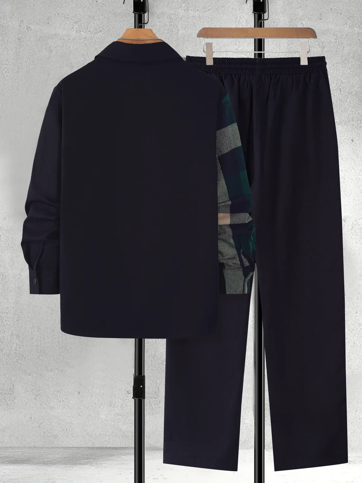 Men's Asymmetric Plaid Long Sleeve Shirt & Drawstring Casual Pants Set 2 Piece Spring Autumn Casual Outfit